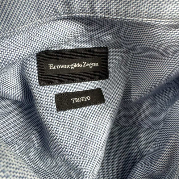Ermengildo Zegna Blue White Patten Current Trofeo Cotton Button Front Size 17.5 - Picture 4 of 7